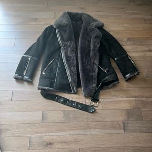 Zara Black aviator jacket grey faux fur trim